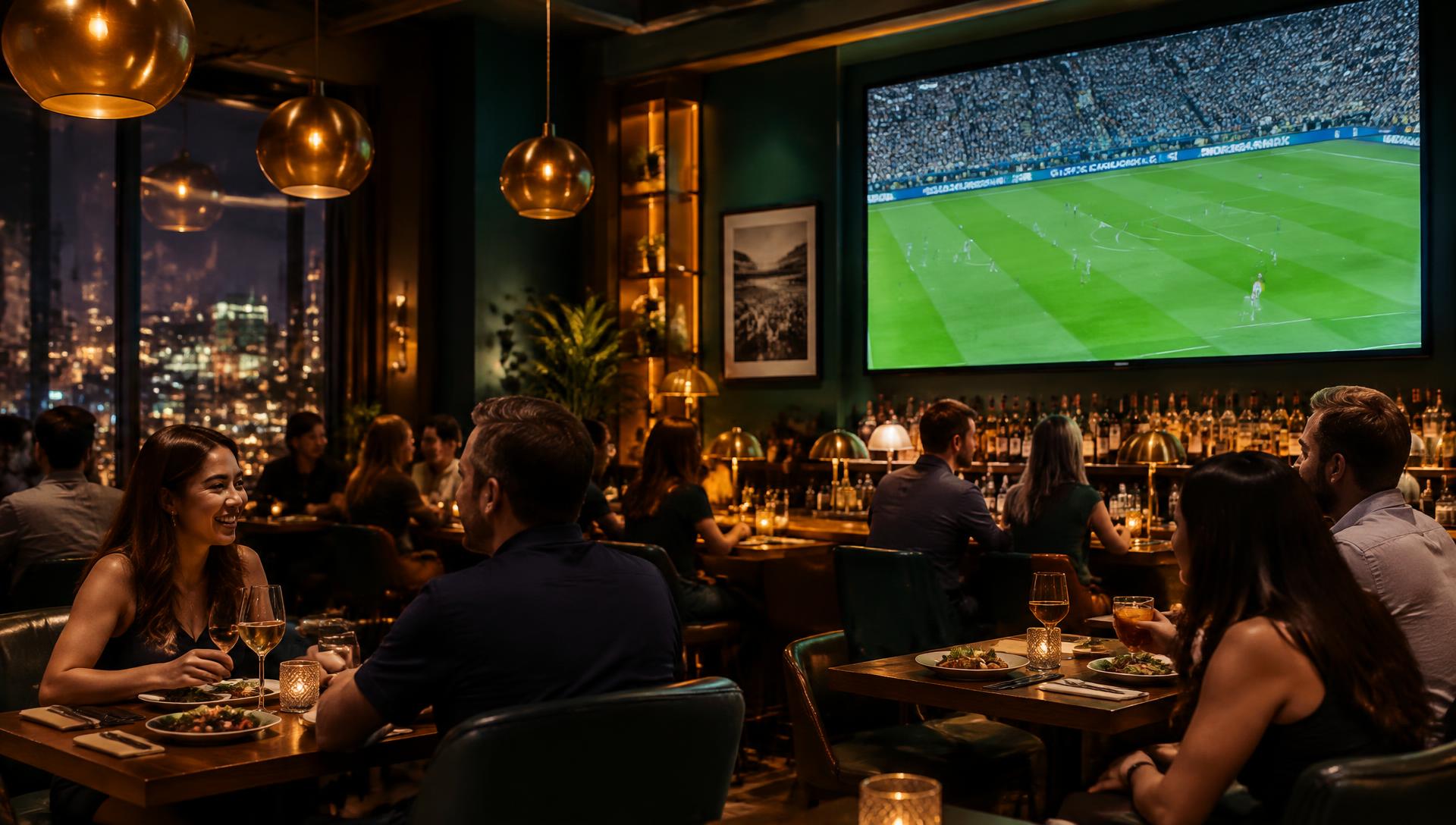 Guests dining while football plays on a large screen